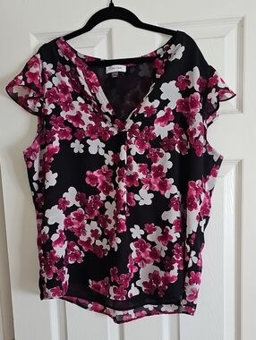 Calvin Klein Black Floral V-Neck Blouse with Pink & White Blossoms